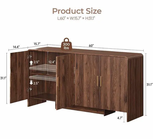 Alt view image 2 of 7 - 60 Inch Sideboard Buffet Cabinet, Walnut