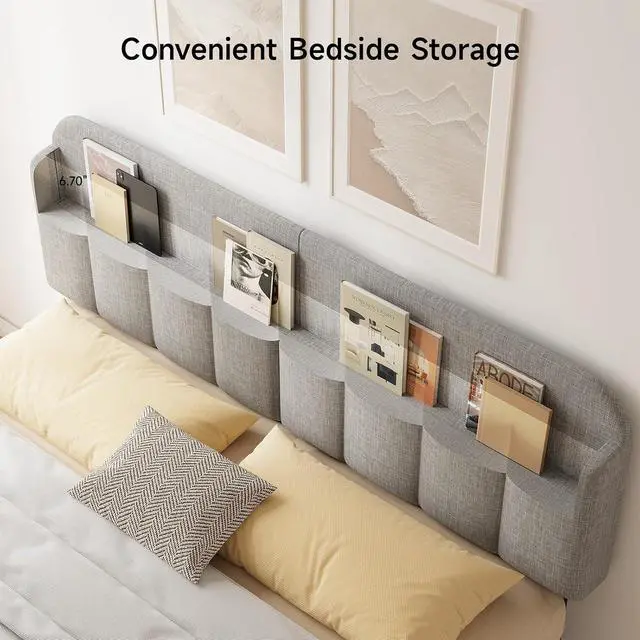 Alt view image 4 of 7 - Headboard for King/California King Size Bed, Upholstered Bed HeadBoard with Storage, Linen Fabric Head Board with Vertical Channel Design, Height Adjustable, Easy to Assemble, Light Grey