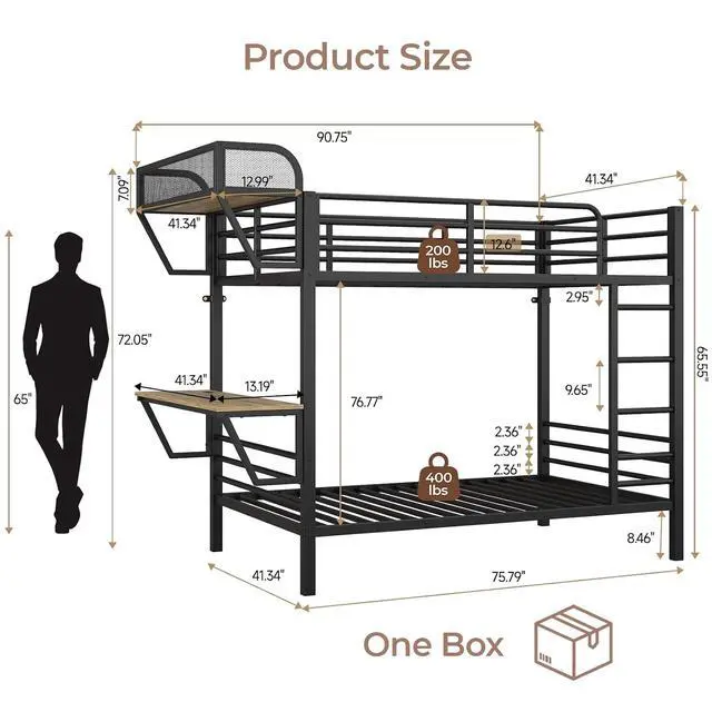 Alt view image 2 of 7 - Bunk Bed Twin Over Twin, Metal Bunk Beds with Desk, Black