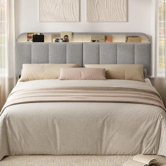 Alt view image 7 of 7 - Headboard for King/California King Size Bed, Upholstered Bed HeadBoard with Storage, Linen Fabric Head Board with Vertical Channel Design, Height Adjustable, Easy to Assemble, Light Grey