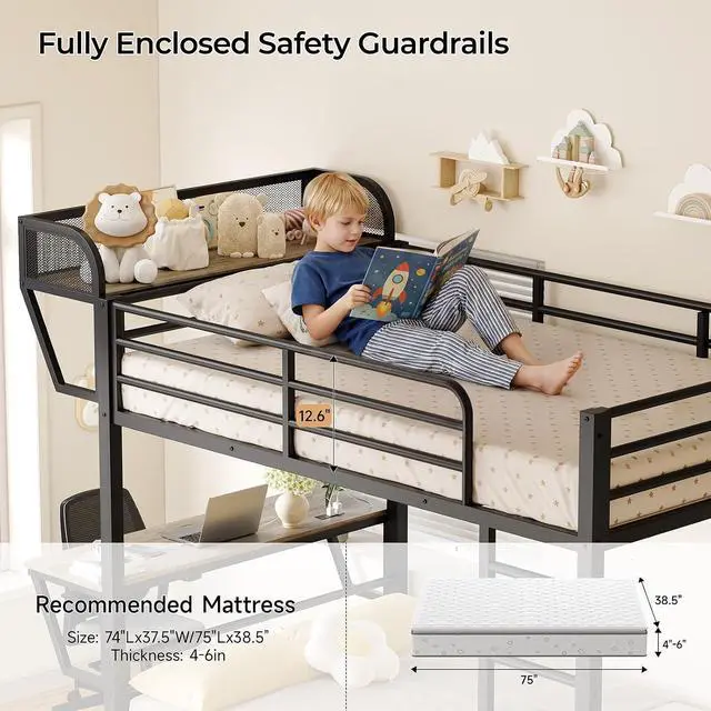 Alt view image 6 of 7 - Bunk Bed Twin Over Twin, Metal Bunk Beds with Desk, Black