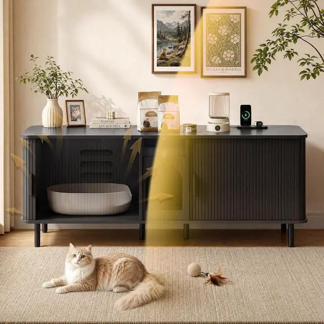 Alt view image 3 of 7 - 65" Double Cat Litter Box Enclosure with Power Outlet,Black