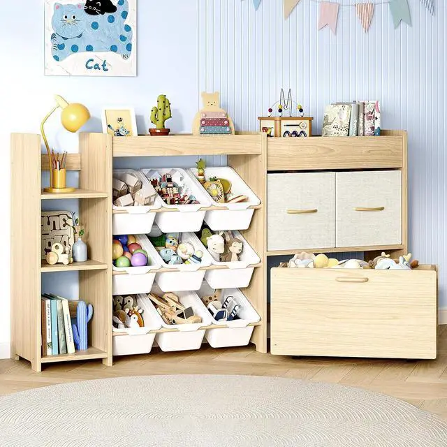Main image of 5-in-1 Toy Storage Organizer, 3-Tier Bookshelf, 9 Bins, Toy Chest