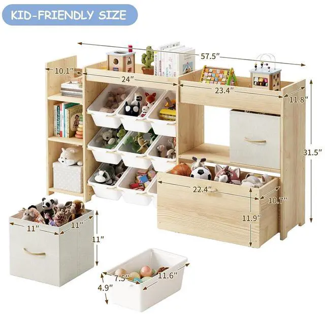 Alt view image 2 of 7 - 5-in-1 Toy Storage Organizer, 3-Tier Bookshelf, 9 Bins, Toy Chest
