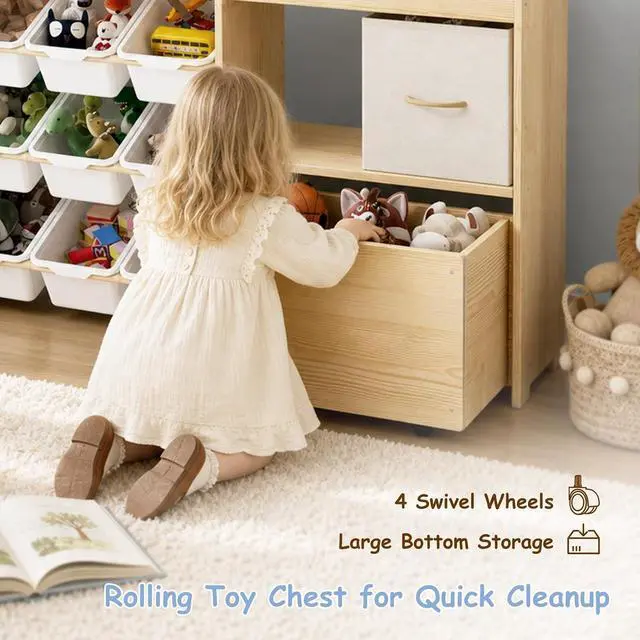 Alt view image 4 of 7 - 5-in-1 Toy Storage Organizer, 3-Tier Bookshelf, 9 Bins, Toy Chest