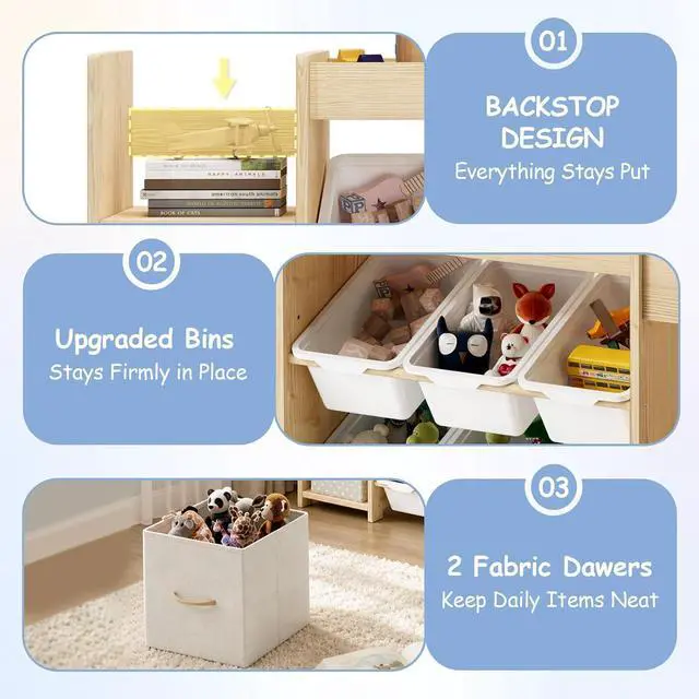 Alt view image 5 of 7 - 5-in-1 Toy Storage Organizer, 3-Tier Bookshelf, 9 Bins, Toy Chest