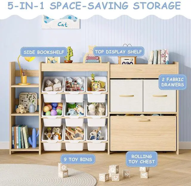 Alt view image 3 of 7 - 5-in-1 Toy Storage Organizer, 3-Tier Bookshelf, 9 Bins, Toy Chest