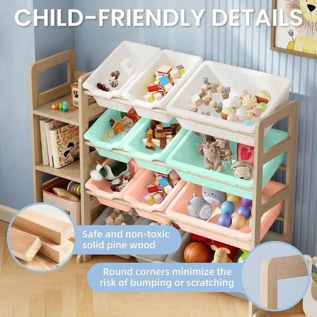 Alt view image 5 of 7 - Toy Storage Organizer - Toy Organizers and Storage with Bookshelf, Toy Storage Shelf with 3 Shelves and 12 Storage Bins, Kids Bookshelf and Toy Storage for Kids Room, Playroom, Nursery, Multi color