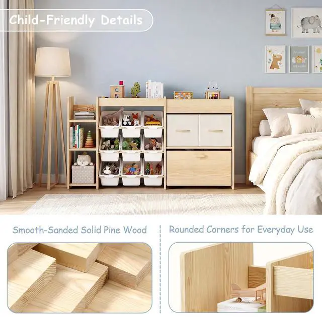 Alt view image 6 of 7 - 5-in-1 Toy Storage Organizer, 3-Tier Bookshelf, 9 Bins, Toy Chest