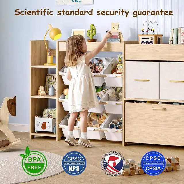 Alt view image 7 of 7 - 5-in-1 Toy Storage Organizer, 3-Tier Bookshelf, 9 Bins, Toy Chest
