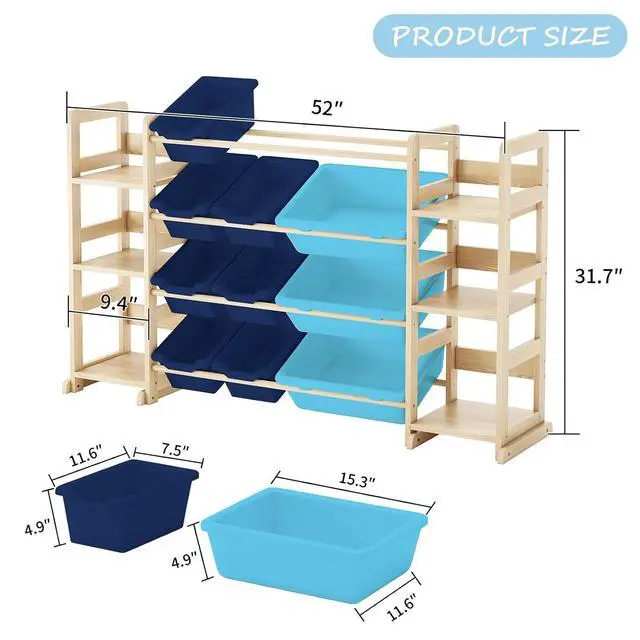 Alt view image 2 of 7 - Extra Large Toy Storage - Toy Storage Organizer, Wooden Toy Organizer with 6 Side Shelves and 12 Bins, 3-in-1 Bookshelf for Kids Rooms, Playroom, Nursery, Blue