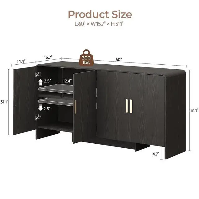 Alt view image 2 of 7 - 60 Inch Sideboard Buffet Cabinet, Black