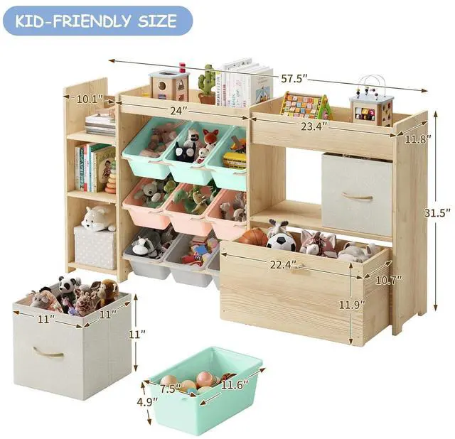 Alt view image 2 of 7 - 5-in-1 Toy Storage Organizer, 3-Tier Bookshelf, 9 Color Bins