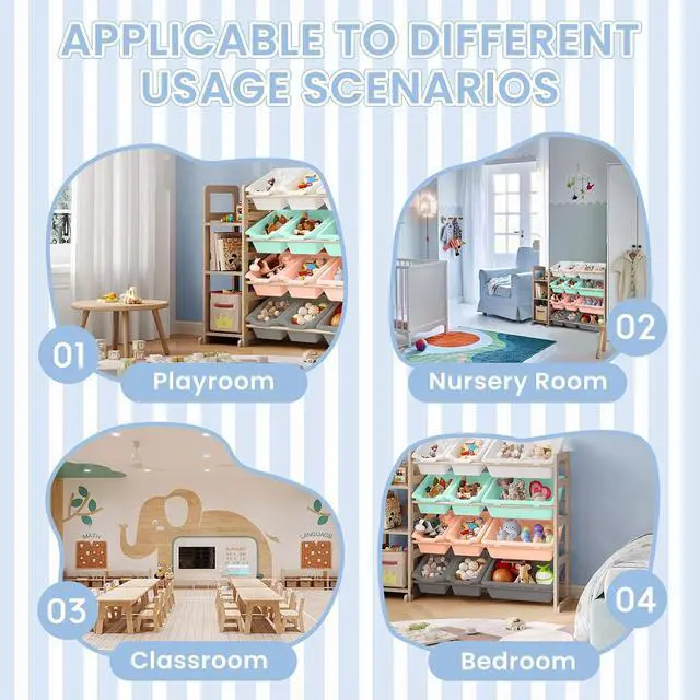 Alt view image 6 of 7 - Toy Storage Organizer - Toy Organizers and Storage with Bookshelf, Toy Storage Shelf with 3 Shelves and 12 Storage Bins, Kids Bookshelf and Toy Storage for Kids Room, Playroom, Nursery, Multi color
