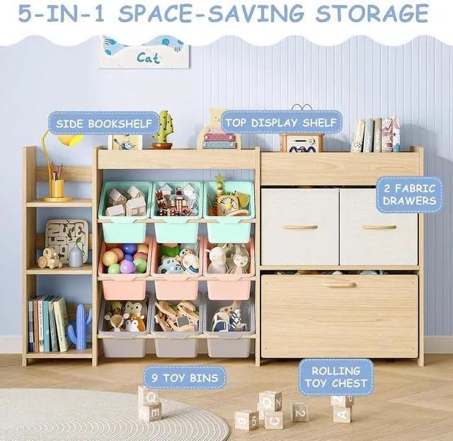 Alt view image 3 of 7 - 5-in-1 Toy Storage Organizer, 3-Tier Bookshelf, 9 Color Bins