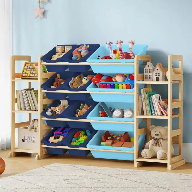 Main image of Extra Large Toy Storage - Toy Storage Organizer, Wooden Toy Organizer with 6 Side Shelves and 12 Bins, 3-in-1 Bookshelf for Kids Rooms, Playroom, Nursery, Blue