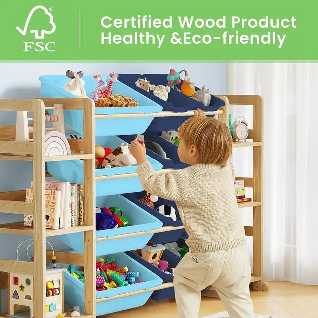 Alt view image 3 of 7 - Extra Large Toy Storage - Toy Storage Organizer, Wooden Toy Organizer with 6 Side Shelves and 12 Bins, 3-in-1 Bookshelf for Kids Rooms, Playroom, Nursery, Blue