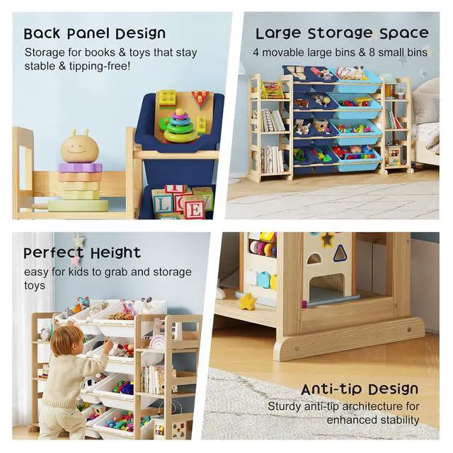 Alt view image 6 of 7 - Extra Large Toy Storage - Toy Storage Organizer, Wooden Toy Organizer with 6 Side Shelves and 12 Bins, 3-in-1 Bookshelf for Kids Rooms, Playroom, Nursery, Blue