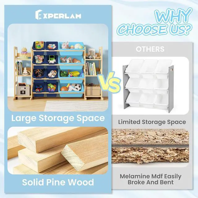 Alt view image 4 of 7 - Extra Large Toy Storage - Toy Storage Organizer, Wooden Toy Organizer with 6 Side Shelves and 12 Bins, 3-in-1 Bookshelf for Kids Rooms, Playroom, Nursery, Blue