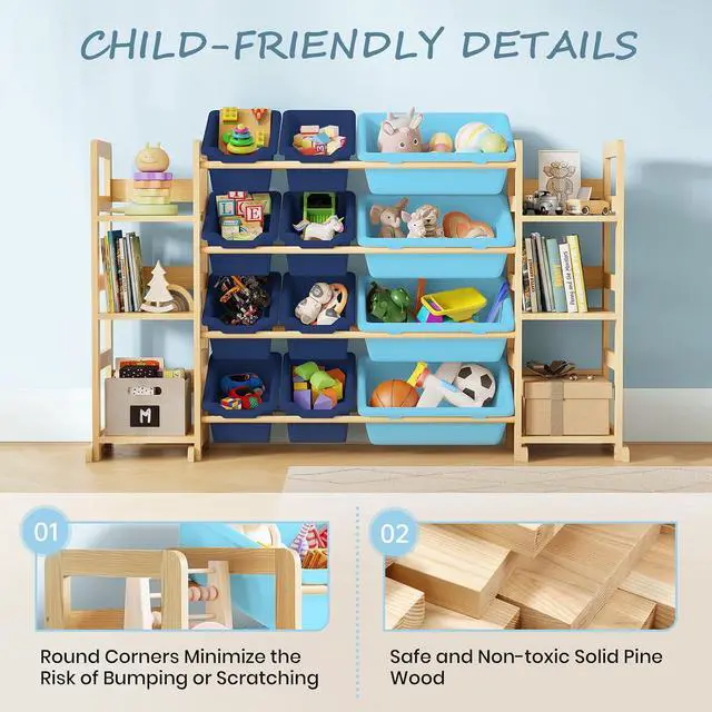Alt view image 5 of 7 - Extra Large Toy Storage - Toy Storage Organizer, Wooden Toy Organizer with 6 Side Shelves and 12 Bins, 3-in-1 Bookshelf for Kids Rooms, Playroom, Nursery, Blue