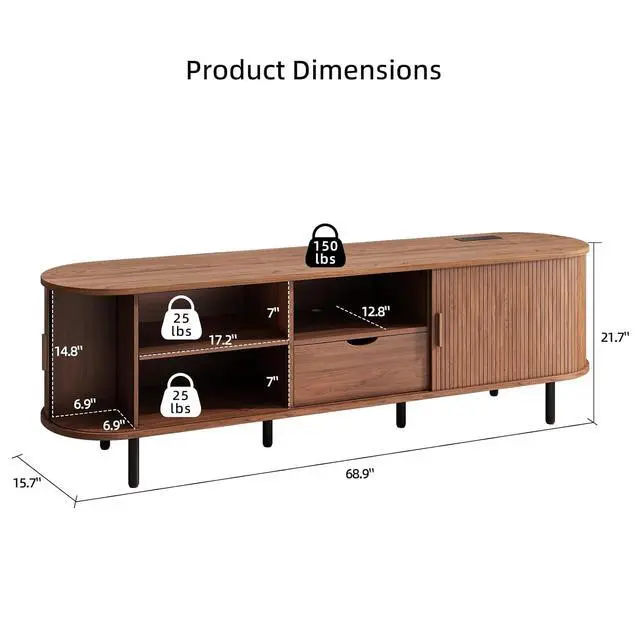 Alt view image 2 of 7 - 69" Wooden TV Stand with Power Outlet for TVs up to 80",Walnut