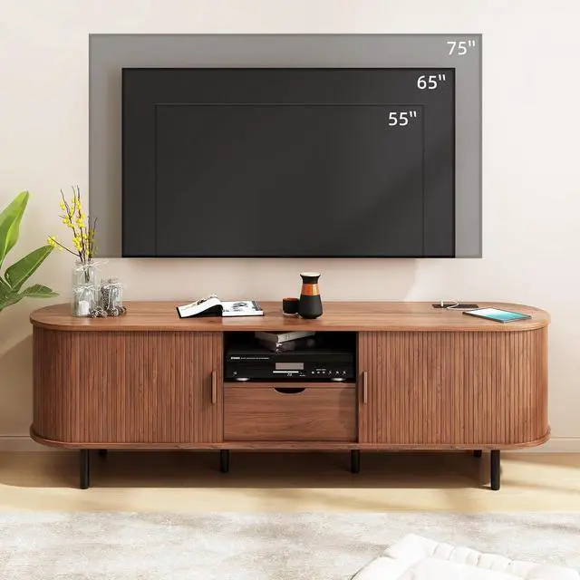 Alt view image 4 of 7 - 69" Wooden TV Stand with Power Outlet for TVs up to 80",Walnut