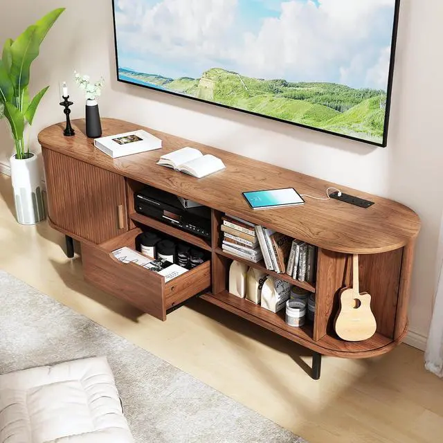 Alt view image 3 of 7 - 69" Wooden TV Stand with Power Outlet for TVs up to 80",Walnut