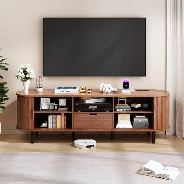 Alt view image 5 of 7 - 69" Wooden TV Stand with Power Outlet for TVs up to 80",Walnut