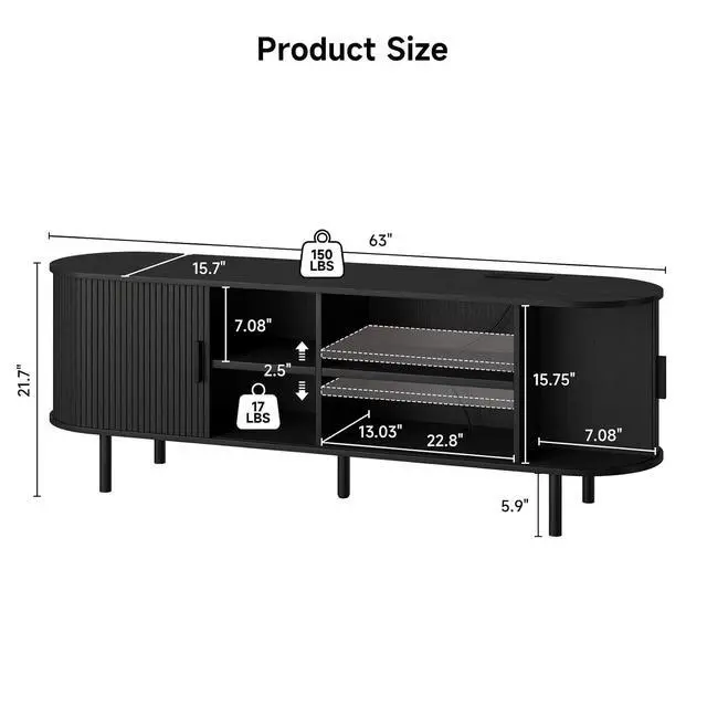 Alt view image 2 of 7 - 63" TV Stand with Storage for TVs up to 70", Fluted Entertainment Center with Power Outlet, Modern Media Console with Sliding Door, Adjustable Shelves, TV Stands for Living Room, Black