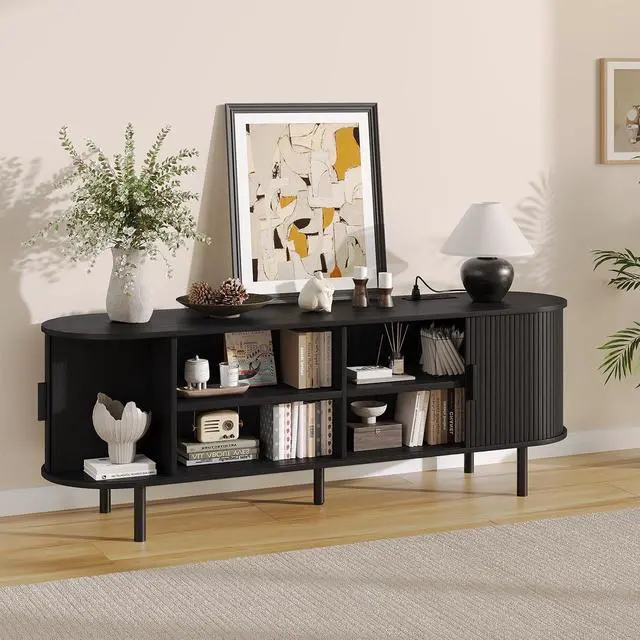 Alt view image 3 of 7 - 63" TV Stand with Storage for TVs up to 70", Fluted Entertainment Center with Power Outlet, Modern Media Console with Sliding Door, Adjustable Shelves, TV Stands for Living Room, Black