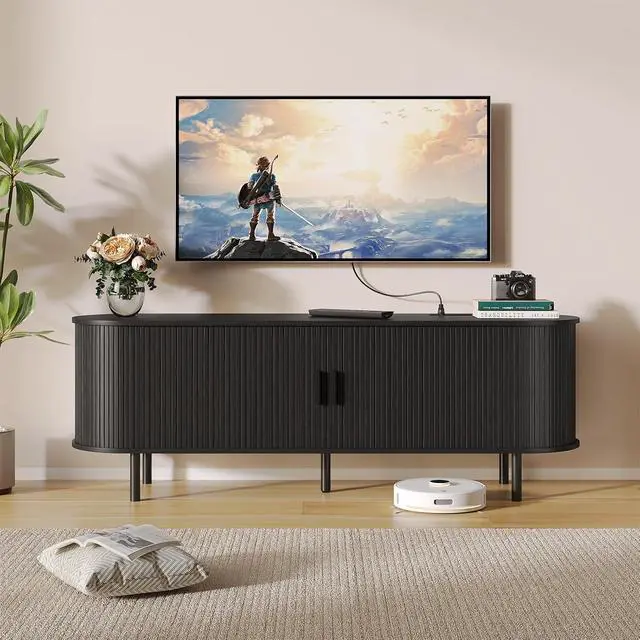 Alt view image 4 of 7 - 63" TV Stand with Storage for TVs up to 70", Fluted Entertainment Center with Power Outlet, Modern Media Console with Sliding Door, Adjustable Shelves, TV Stands for Living Room, Black