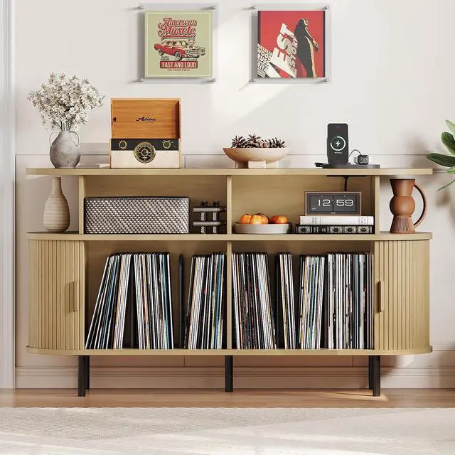 Main image of Mid Century Modern Record Player Cabinet with Vinyl Storage (Oak)