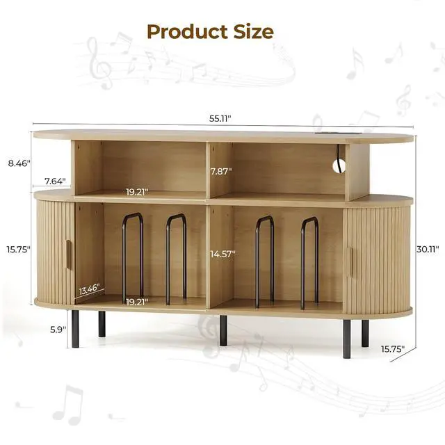 Alt view image 2 of 7 - Mid Century Modern Record Player Cabinet with Vinyl Storage (Oak)