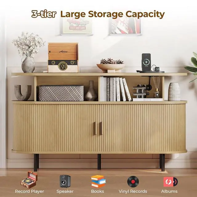 Alt view image 3 of 7 - Mid Century Modern Record Player Cabinet with Vinyl Storage (Oak)