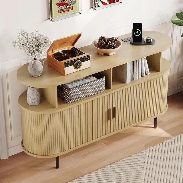 Alt view image 6 of 7 - Mid Century Modern Record Player Cabinet with Vinyl Storage (Oak)