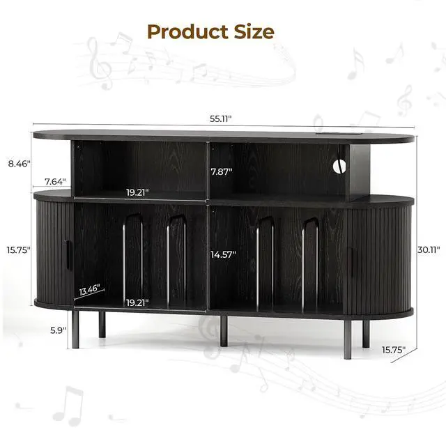 Alt view image 2 of 7 - Mid Century Modern Record Player Cabinet with Vinyl Storage (Black)