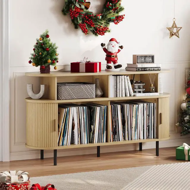 Alt view image 7 of 7 - Mid Century Modern Record Player Cabinet with Vinyl Storage (Oak)