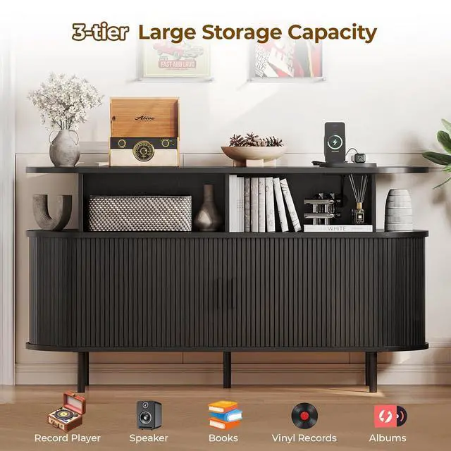 Alt view image 3 of 7 - Mid Century Modern Record Player Cabinet with Vinyl Storage (Black)