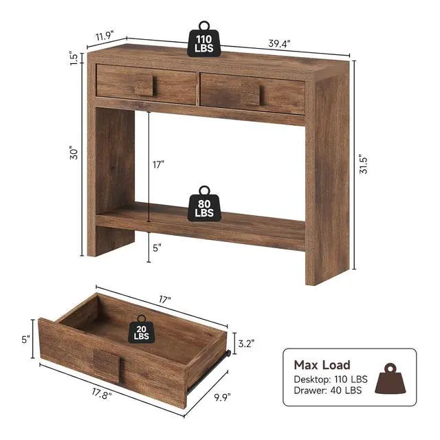 Alt view image 2 of 7 - 40" Entryway Table, Console Table with 2 Storage Drawers, Brown