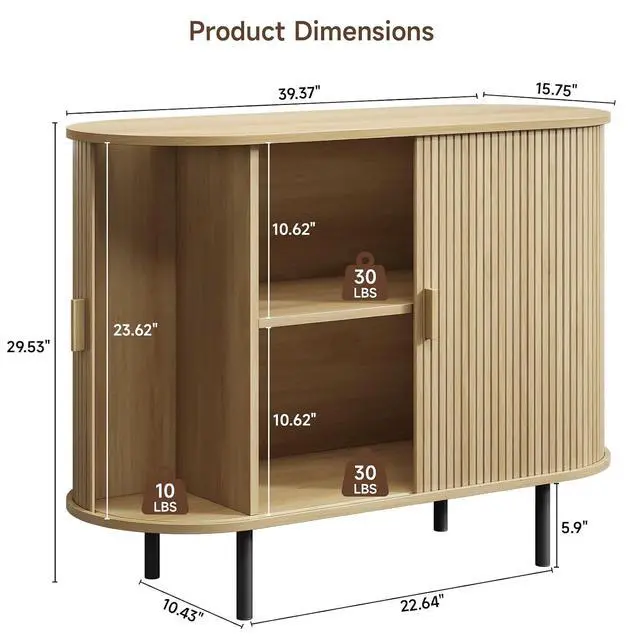 Alt view image 2 of 7 - Buffet Cabinet with Storage, Fluted Buffet Sideboard (40"/Oak)