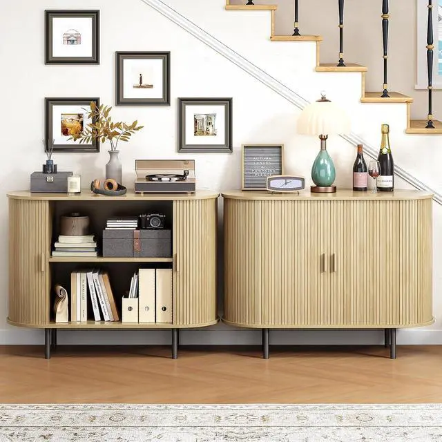 Alt view image 5 of 7 - Buffet Cabinet with Storage, Fluted Buffet Sideboard (40"/Oak)