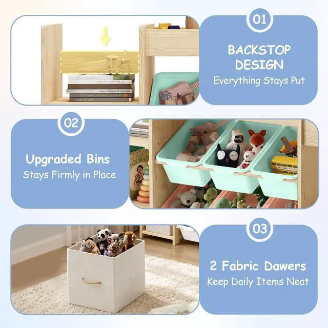 Alt view image 5 of 7 - 5-in-1 Toy Storage Organizer, 3-Tier Bookshelf, 9 Color Bins