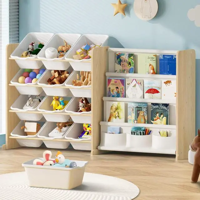 Main image of Kids Toy Storage Organizer - Toy Organizer with Bookshelf, Toy Storage with 12 Toy White Bins and 4 Book Shelves, Toy Organizers and Storage for Playroom, Nursery, Kids Room, Burlywood