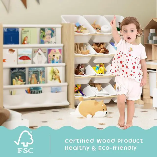 Alt view image 3 of 7 - Kids Toy Storage Organizer - Toy Organizer with Bookshelf, Toy Storage with 12 Toy White Bins and 4 Book Shelves, Toy Organizers and Storage for Playroom, Nursery, Kids Room, Burlywood