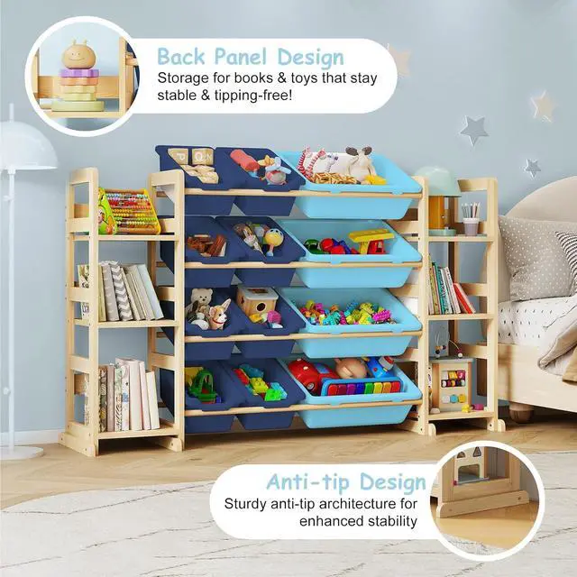 Alt view image 7 of 7 - Extra Large Toy Storage - Toy Storage Organizer, Wooden Toy Organizer with 6 Side Shelves and 12 Bins, 3-in-1 Bookshelf for Kids Rooms, Playroom, Nursery, Blue
