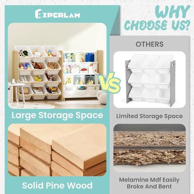 Alt view image 4 of 7 - Kids Toy Storage Organizer - Toy Organizer with Bookshelf, Toy Storage with 12 Toy White Bins and 4 Book Shelves, Toy Organizers and Storage for Playroom, Nursery, Kids Room, Burlywood