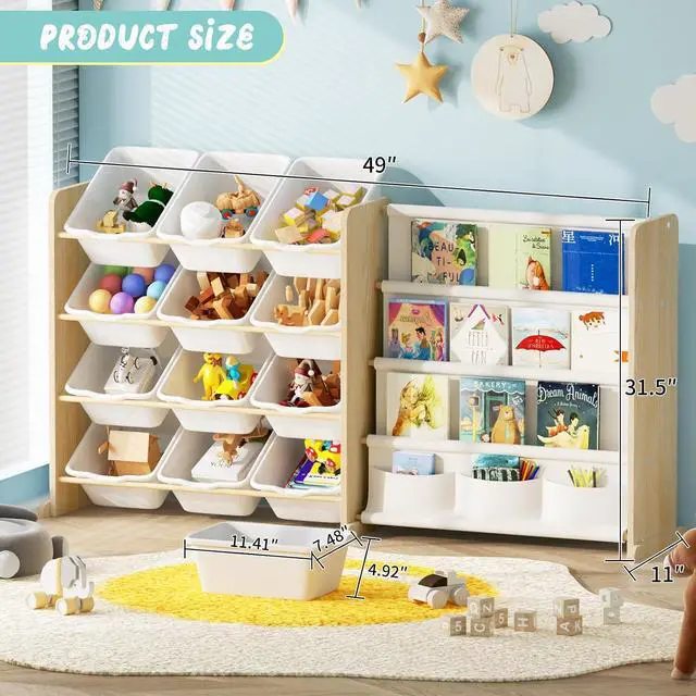 Alt view image 2 of 7 - Kids Toy Storage Organizer - Toy Organizer with Bookshelf, Toy Storage with 12 Toy White Bins and 4 Book Shelves, Toy Organizers and Storage for Playroom, Nursery, Kids Room, Burlywood