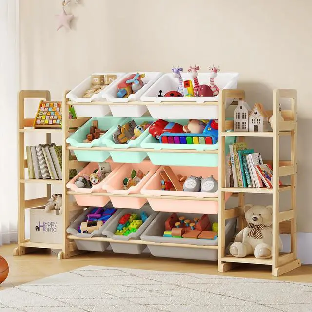 Main image of Extra Large Toy Storage - Toy Storage Organizer, Wooden Toy Organizer with 6 Side Shelves and 12 Bins, 3-in-1 Bookshelf for Kids Rooms, Playroom, Nursery, Multi Color
