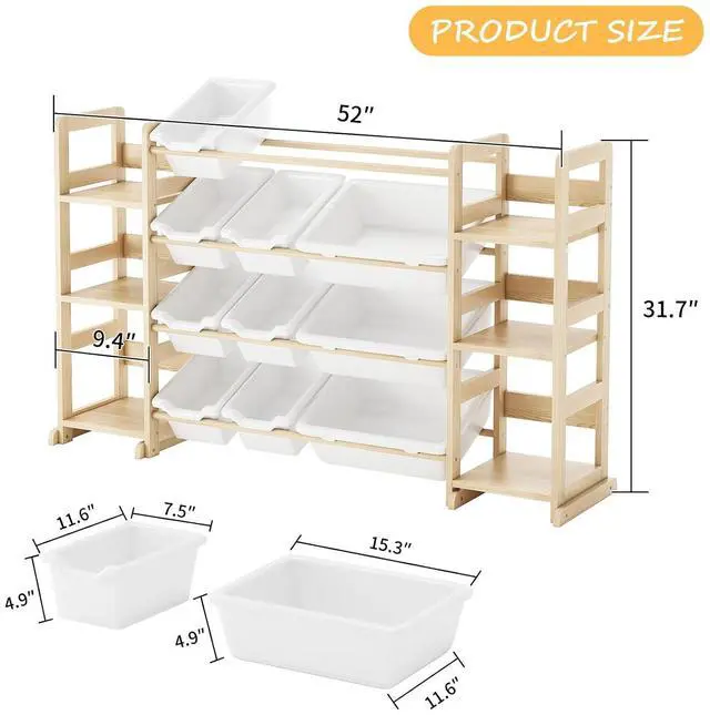 Alt view image 2 of 7 - Extra Large Toy Storage - Toy Storage Organizer, Wooden Toy Organizer with 6 Side Shelves and 12 Bins, 3-in-1 Bookshelf for Kids Rooms, Playroom, Nursery, White