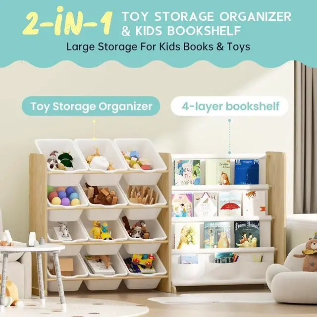 Alt view image 6 of 7 - Kids Toy Storage Organizer - Toy Organizer with Bookshelf, Toy Storage with 12 Toy White Bins and 4 Book Shelves, Toy Organizers and Storage for Playroom, Nursery, Kids Room, Burlywood